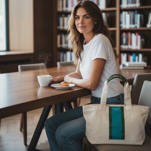 Kate Spade New York Canvas Tote Bag Natural Green Blue Stripe Medium